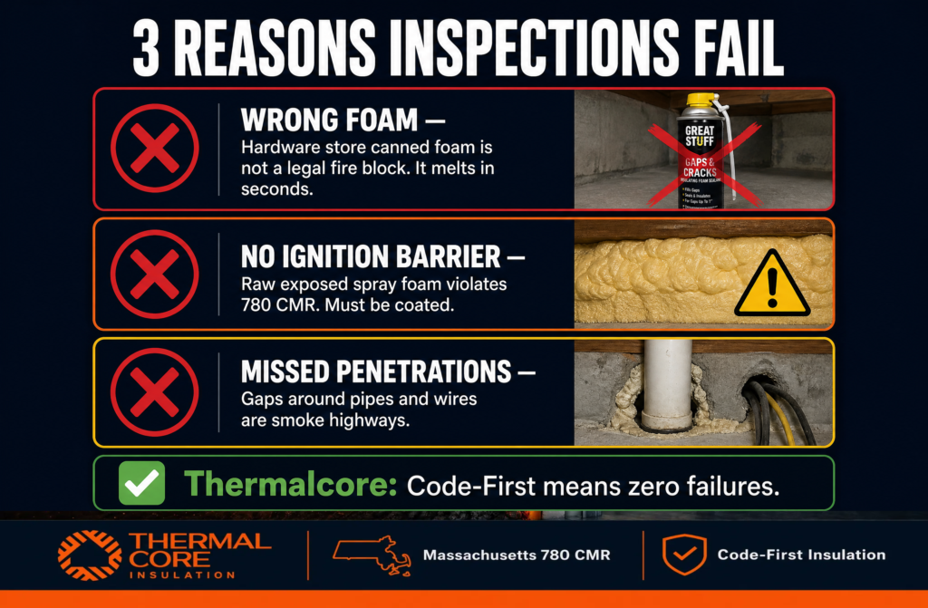 ThermalCore Insulation infographic showing the three most common reasons Massachusetts crawl space inspections fail: incorrect fire-blocking foam, missing ignition barrier over spray foam, and unsealed pipe and wire penetrations that allow smoke and fire to spread.