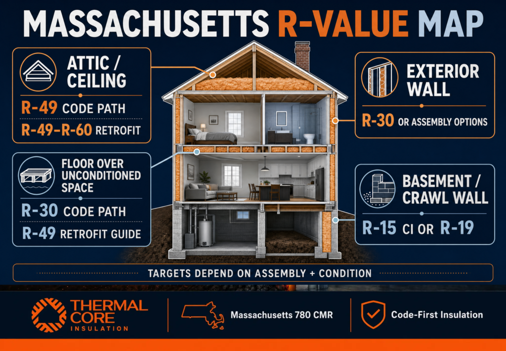 Thermalcore Massachusetts insulation R-value guide showing targets for attics and ceilings, exterior walls, floors over unconditioned spaces, basements, and crawl-space walls.