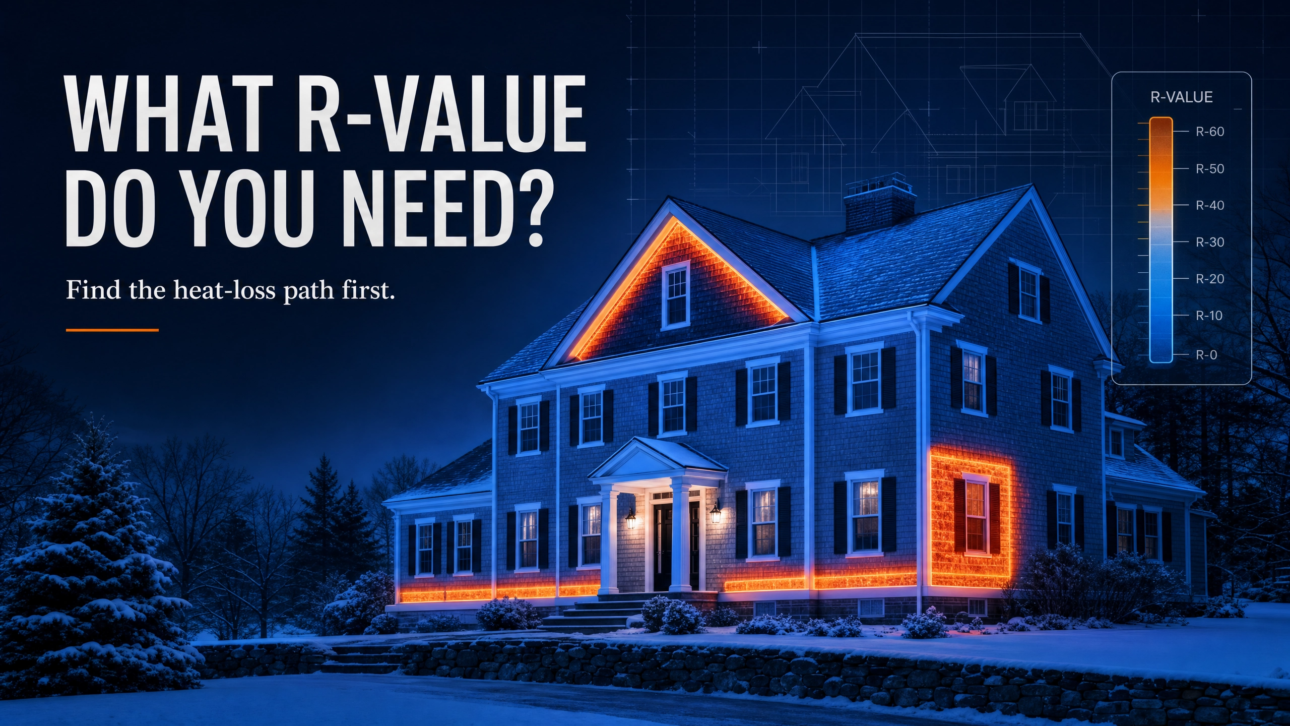 Massachusetts home insulation R-value guide showing heat-loss areas at the attic, exterior walls, and foundation.