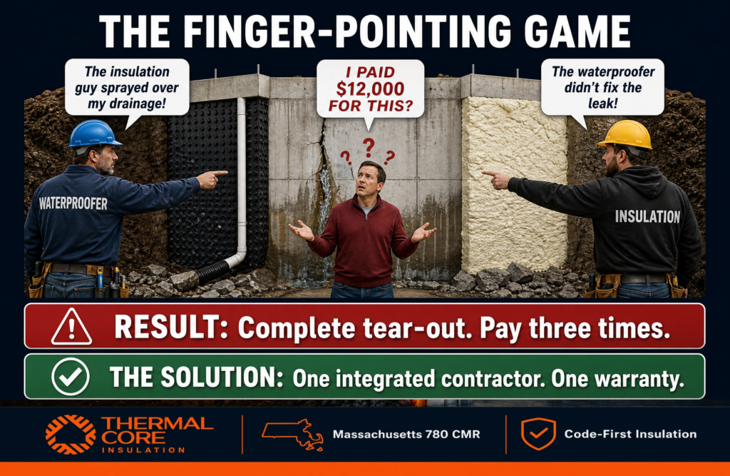 ThermalCore Insulationis the One Contractor: Fireproofing, Waterproofing & Insulation; why hiring separate waterproofing and insulation contractors can lead to warranty disputes, hidden leaks, and costly repairs. Demonstrates how one integrated contractor provides a single warranty and complete basement protection.