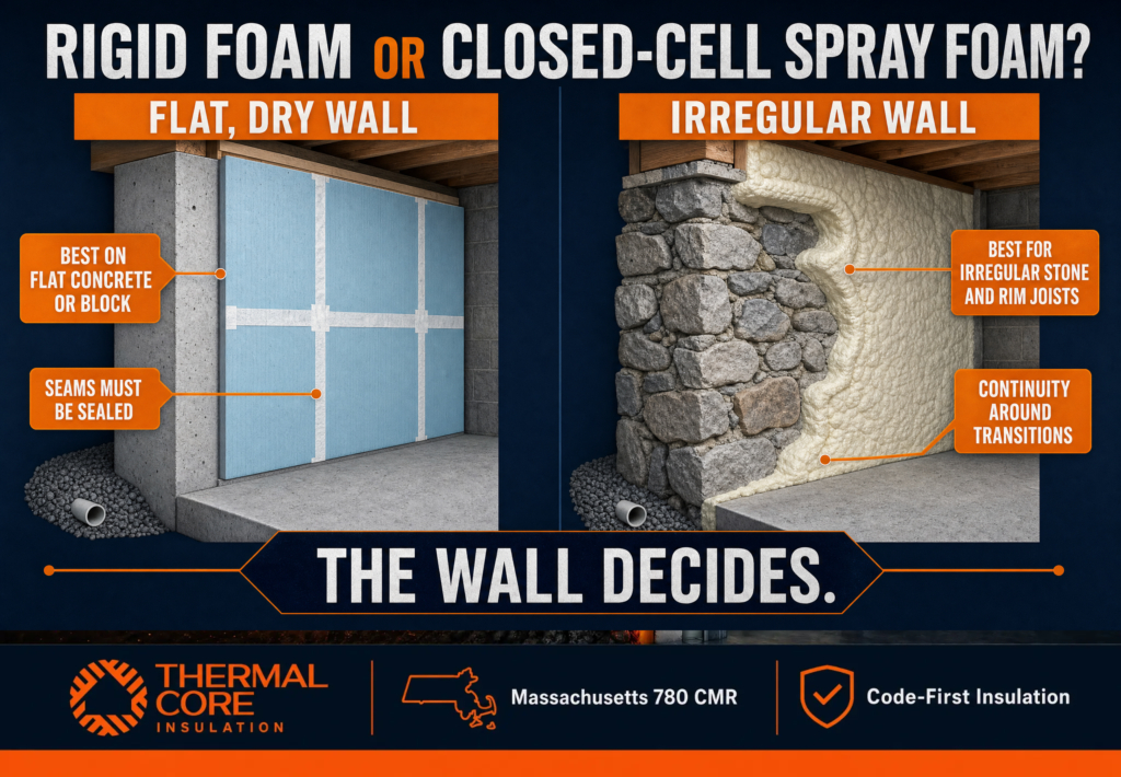 Rigid foam on a flat concrete basement insulation for moisture on wall compared with closed-cell spray foam on an irregular stone foundation wall.