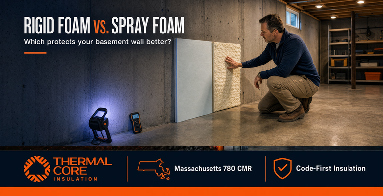 Rigid foam vs. spray foam for basement insulation for moisture on walls, showing a homeowner comparing insulation options on a concrete foundation wall.