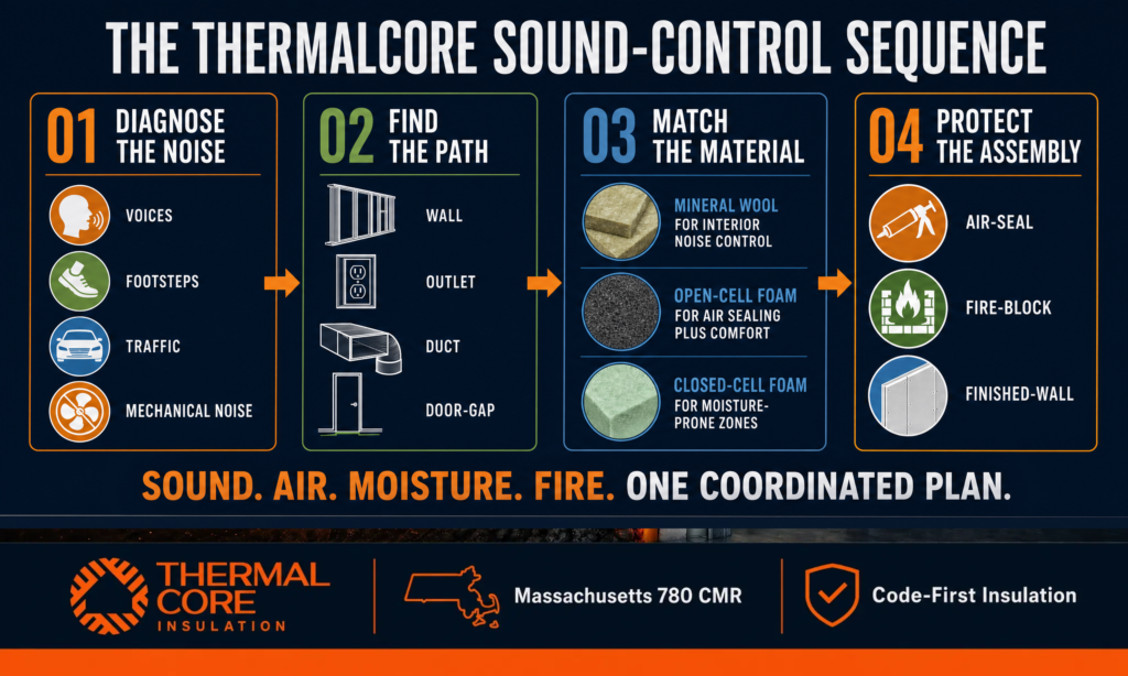 Thermalcore sound-control insulation sequence for Massachusetts homes, showing how to diagnose noise paths, select mineral wool or spray foam, air-seal gaps, and protect the wall assembly.