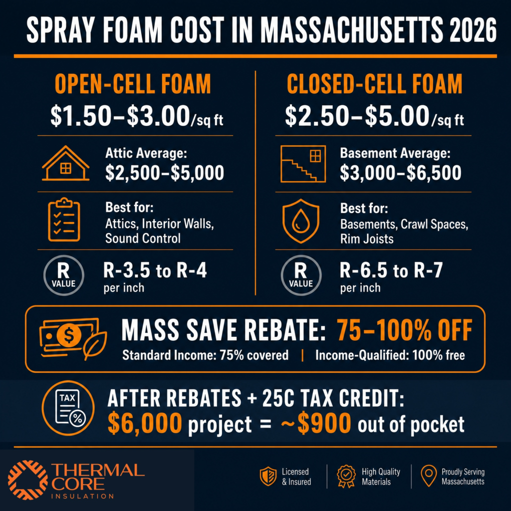 ThermalCore Insulation 2026 Massachusetts spray foam insulation cost infographic comparing open-cell and closed-cell spray foam prices, R-values, attic and basement costs, Mass Save rebates, and potential federal insulation tax credits.