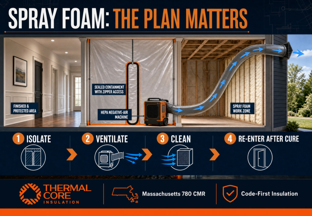 Thermalcore spray foam insulation safety diagram showing containment, negative-air ventilation, cleaning, and re-entry after curing during a Massachusetts insulation project.