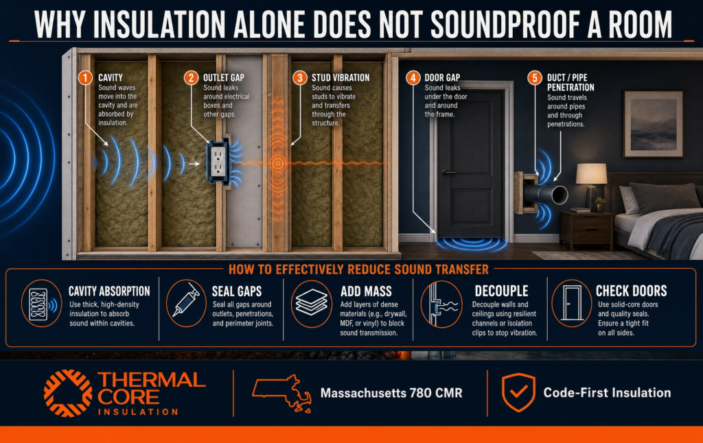 Thermalcore diagram explaining why insulation alone does not soundproof a room, including sound leaks through outlets, wall studs, door gaps, ducts, and pipe penetrations.