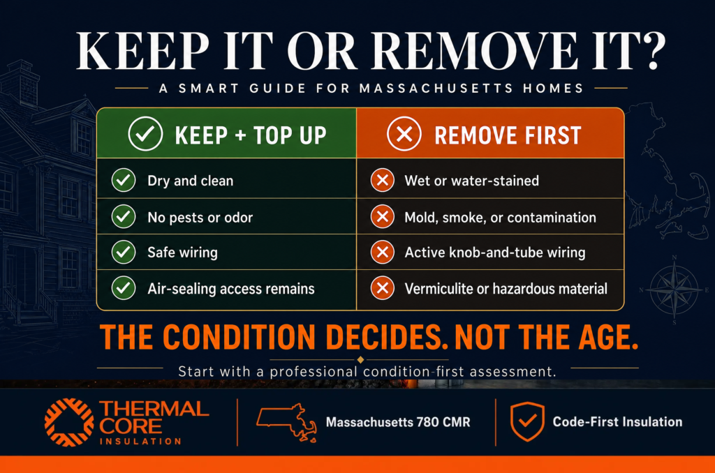 Guide to deciding whether to keep or remove old insulation based on moisture, pests, contamination, wiring, and access for air sealing.