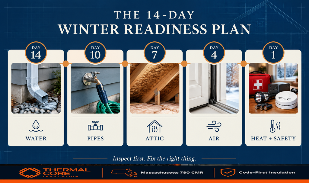 ThermalCore Insulation's 14-day winterize a house readiness timeline counting down from day 14 to day 1: water drainage, outdoor pipes and hose bibs, attic insulation, air sealing at windows, then heat and safety supplies