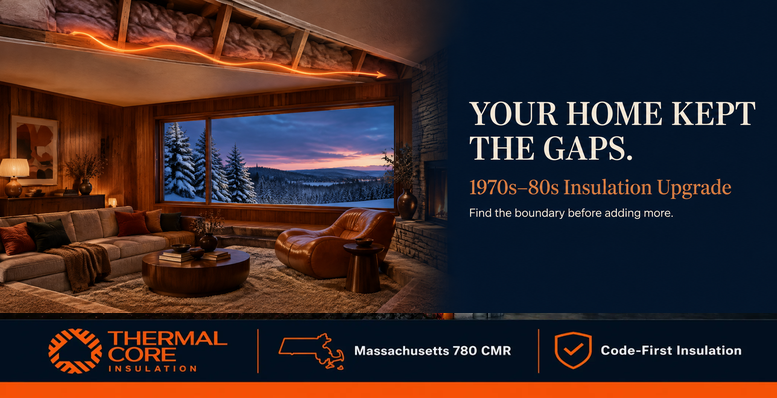 1970s and 80s home insulation living room with wood paneling and a snowy window view, with a glowing gap traced along the ceiling framing, cover of ThermalCore Insulation's guide to upgrading insulation in 1970s and 80s Massachusetts homes
