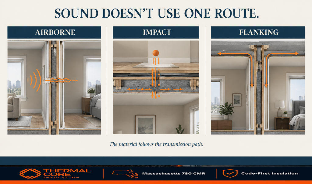 Three types of condo sound transmission compared by ThermalCore Insulation: airborne noise through the wall, impact noise through the floor assembly, and flanking noise around the structure