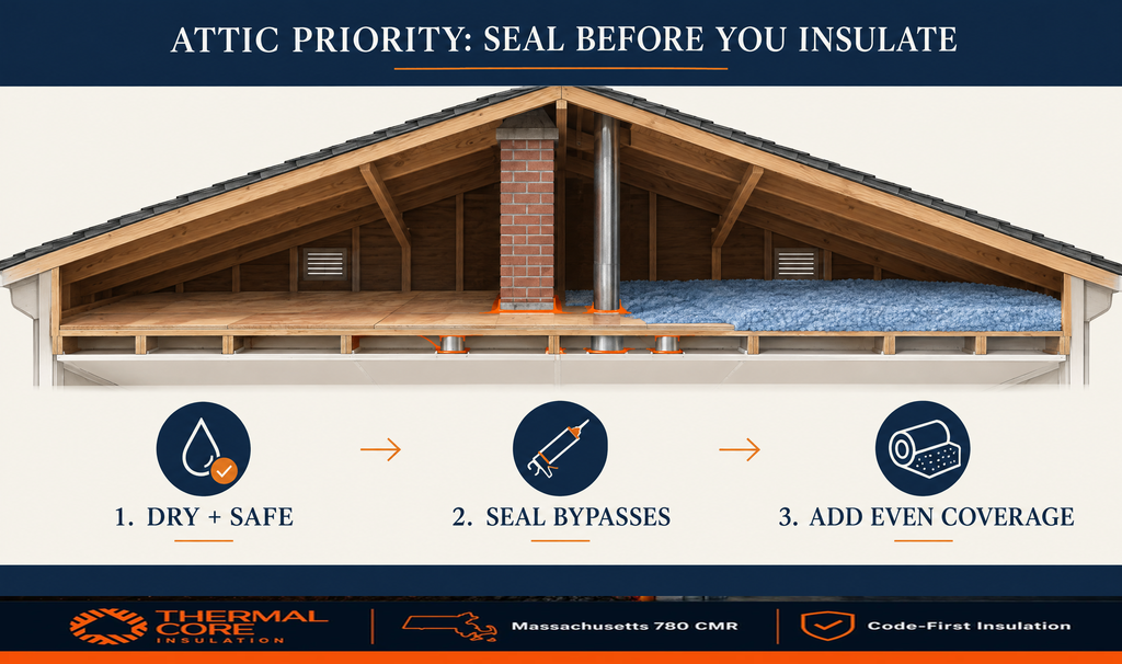 Attic cross-section showing chimney, flue, and ceiling penetrations air sealed before blown-in insulation. ThermalCore's three steps: dry and safe, seal bypasses, add even coverage
