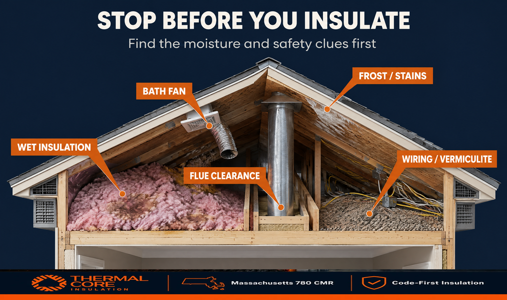 Attic cross-section with five warning signs labeled before adding insulation: wet insulation, a bath fan venting into the attic, flue clearance, frost and water stains on the sheathing, and exposed wiring over vermiculite