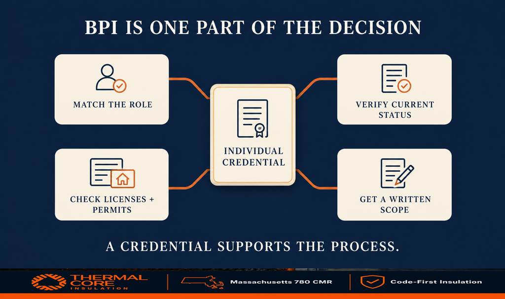 BPI certification is an individual credential: match the role, verify current status, check licenses and permits, and get a written insulation scope.