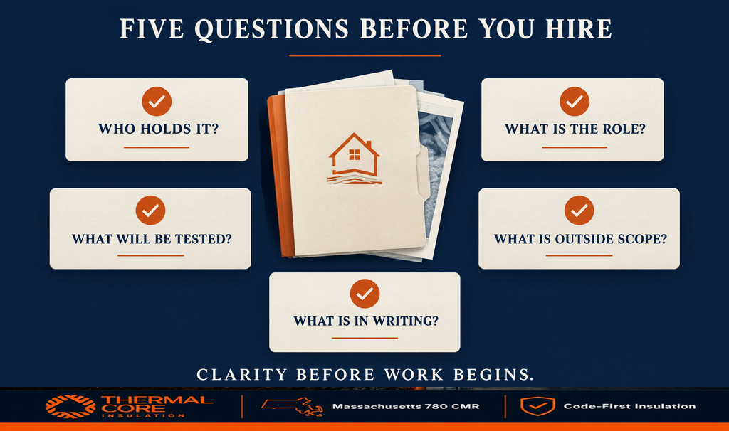 Five questions before hiring a BPI certified insulation contractor: who holds it, what is the role, what will be tested, what is outside scope, what is in writing