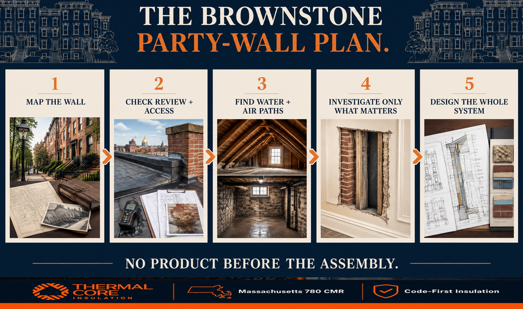 Five-step brownstone party wall plan: map the wall, check review and access, find water and air paths, investigate what matters, design the whole system.