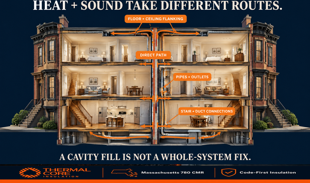 Sound and heat flanking paths between attached brownstones: floor and ceiling connections, pipes and outlets, stairs and ducts, plus the direct wall path.