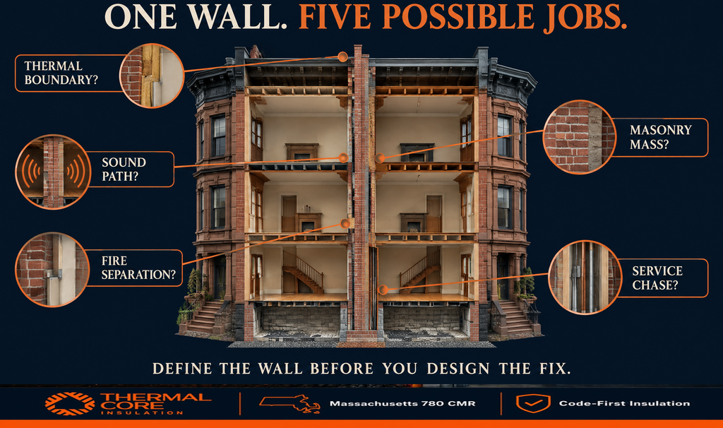 Brownstone cutaway showing five jobs a party wall may do: thermal boundary, sound path, fire separation, masonry mass, and service chase.