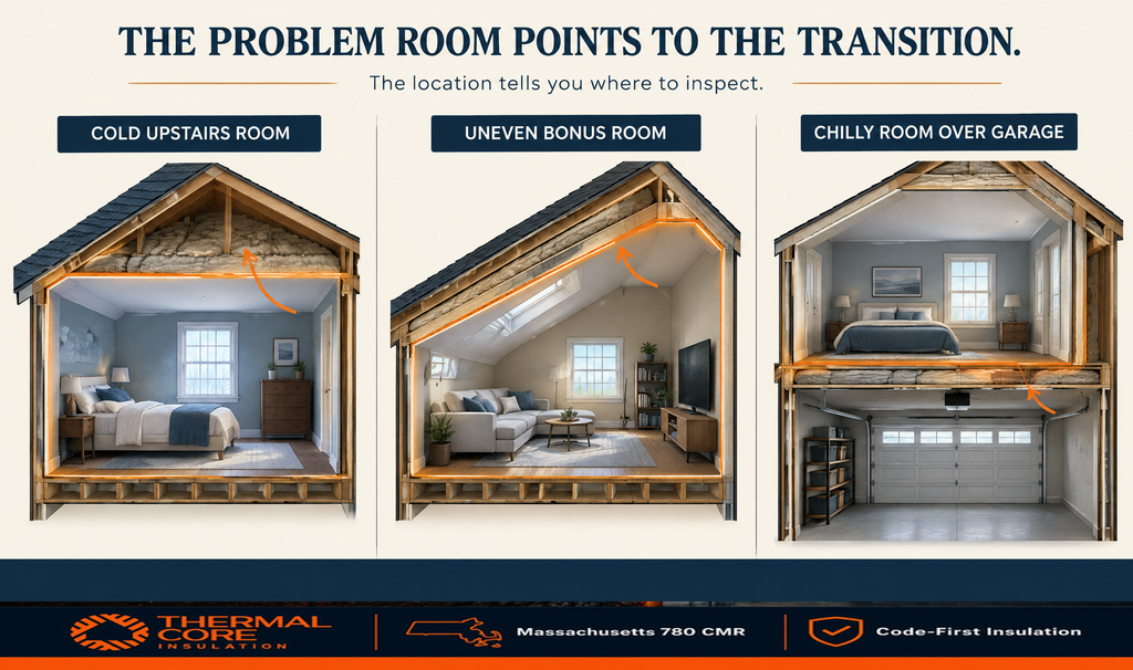 Three problem rooms in cutaway view — a cold upstairs bedroom, an uneven bonus room, and a chilly room over the garage — each with the boundary break that causes it highlighted