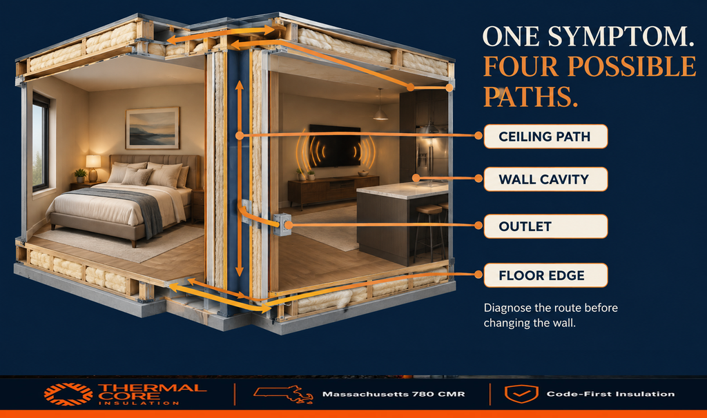 Condo insulation in Massachusetts: Cutaway of two adjoining condo units showing four sound transmission paths around a party wall: the ceiling, wall cavity, electrical outlet, and floor edge