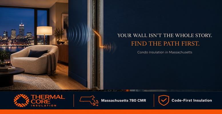 Condon insulation in Massachussets: Modern condo living room beside a shared party wall with sound waves crossing it, cover of ThermalCore Insulation's guide to condo insulation and soundproofing in Massachusetts