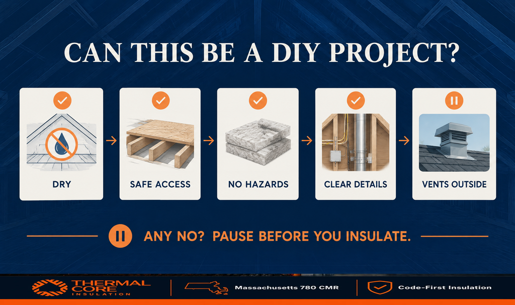 Five-point DIY attic insulation checklist from ThermalCore Insulation: the attic is dry, access is safe, no hazardous materials are present, details are clear, and fans vent outside — any no means pause before insulating