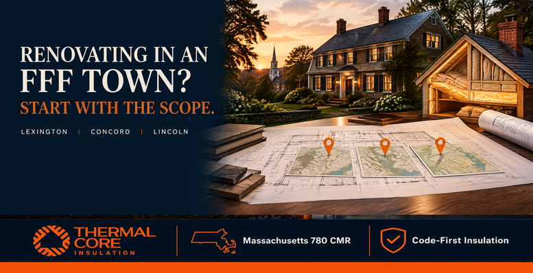 Renovating in a fossil fuel free town? ThermalCore Insulation guide to scope for Lexington, Concord, and Lincoln Massachusetts renovations.