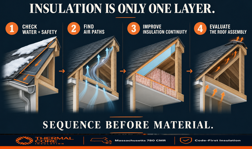 Four steps to fix ice dams in order: check water and safety, find air paths, improve insulation continuity, then evaluate the roof assembly and ventilation.
