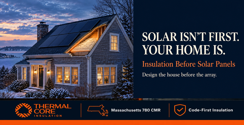 Coastal home at dusk with rooftop solar panels and a glowing insulated attic beneath them, cover of ThermalCore Insulation's guide to insulating before installing solar panels in Massachusetts