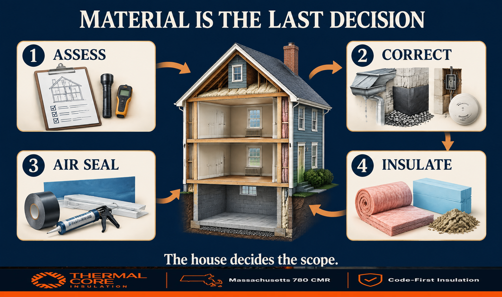 Four-step insulation scope around a house cutaway from ThermalCore Insulation: assess with a checklist and moisture meter, correct drainage and safety issues, air seal with caulk and rigid board, then choose batts, foam board, or loose-fill