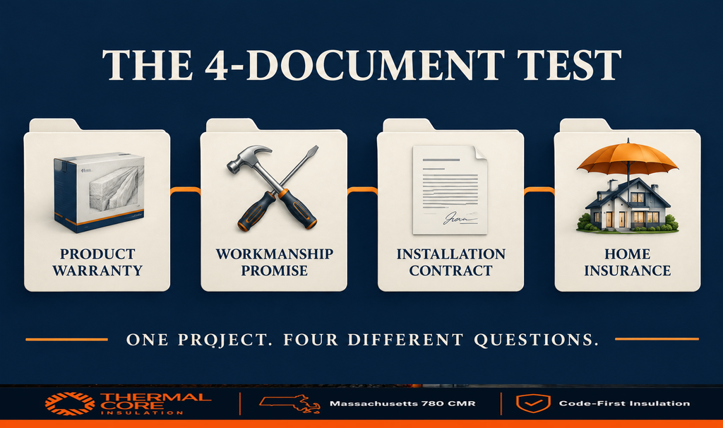 ThermalCore Insulation 4-document test: product warranty, workmanship promise, installation contract, and home insurance for Massachusetts insulation projects.