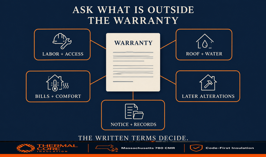Insulation warranty exclusions to ask about: labor and access, roof and water damage, energy bills and comfort, later alterations, notice and records.
