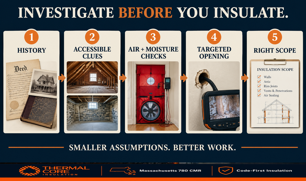 Five steps before insulating a mill house: research history, read accessible clues, run air and moisture checks, open targeted spots, then set the insulation scope.