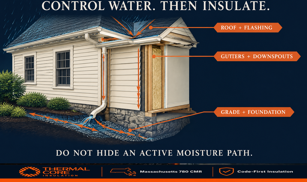 Control water before insulating a mill house: roof and flashing, gutters and downspouts, grade and foundation drainage away from the wall.