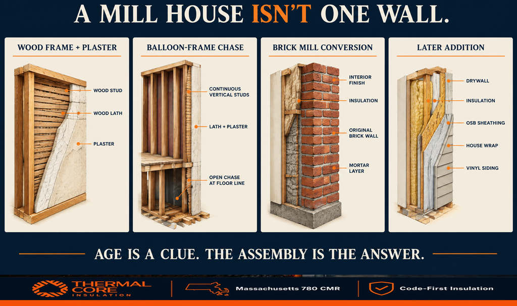 Four mill house wall assemblies in cutaway: wood frame with lath and plaster, balloon-frame chase, brick mill conversion, and a later insulated addition.