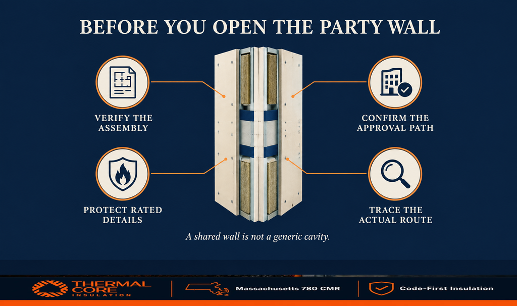 Cross-section of a double-stud party wall with mineral wool and firestopping, alongside four checks: verify the assembly, protect rated details, confirm the approval path, and trace the actual route
