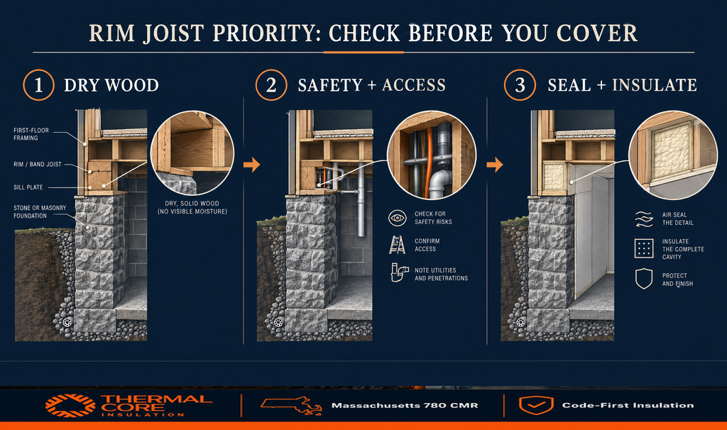 Three-step rim joist insulation process on a stone foundation: confirm dry wood, check safety and access, then air seal and insulate the rim with spray foam