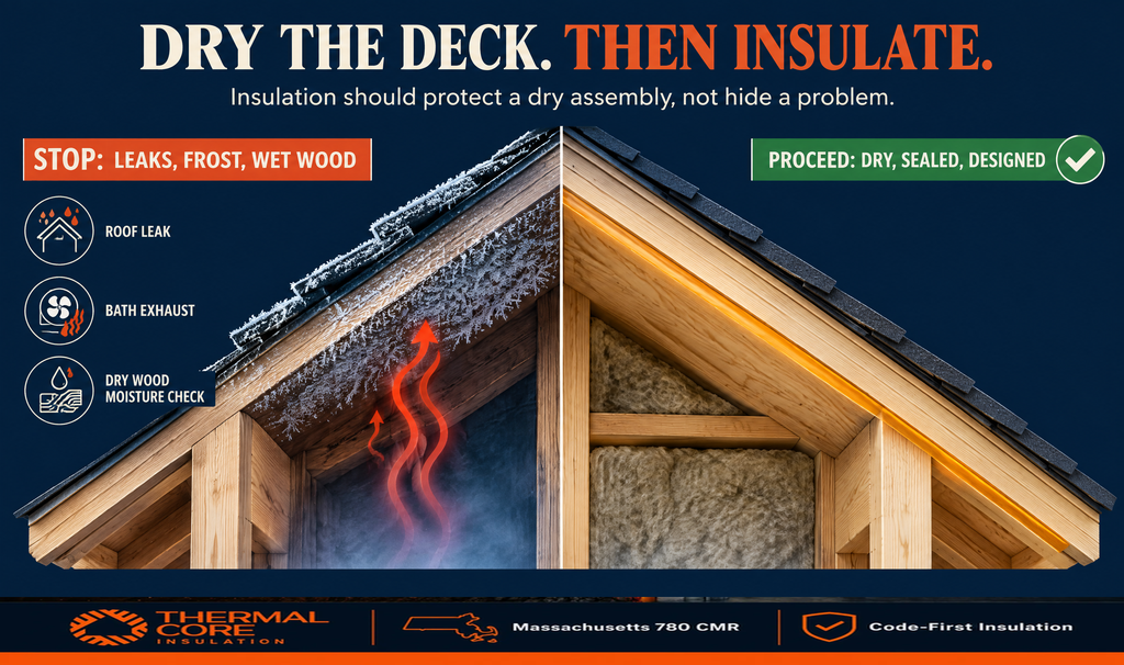 Split roof cross-section comparing a frosted, wet roof deck from leaks and bath exhaust with a dry, sealed, insulated rafter bay, per ThermalCore's moisture check
