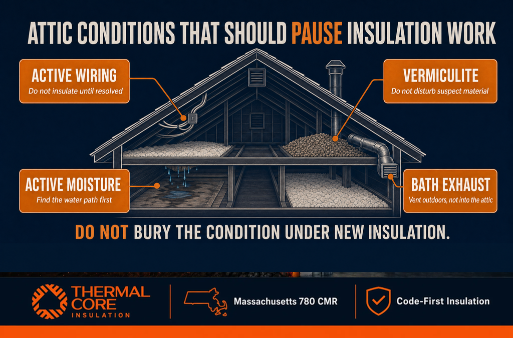 Attic conditions that should pause insulation work — active wiring, vermiculite, moisture, bath exhaust, ThermalCore Insulation MA