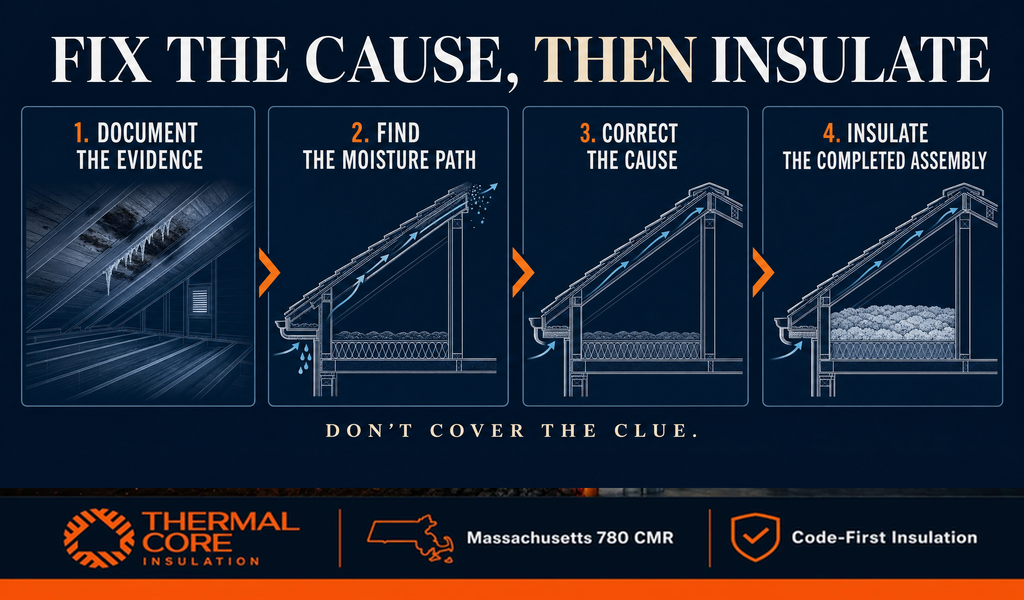 Fix the cause, then insulate — document evidence, find moisture path, correct cause, insulate completed assembly, ThermalCore Insulation