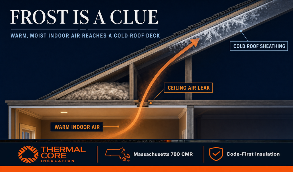 Frost or dark stains on roof sheating is a clue warm moist indoor air reaches cold roof sheathing through a ceiling air leak, ThermalCore Insulation Massachusetts
