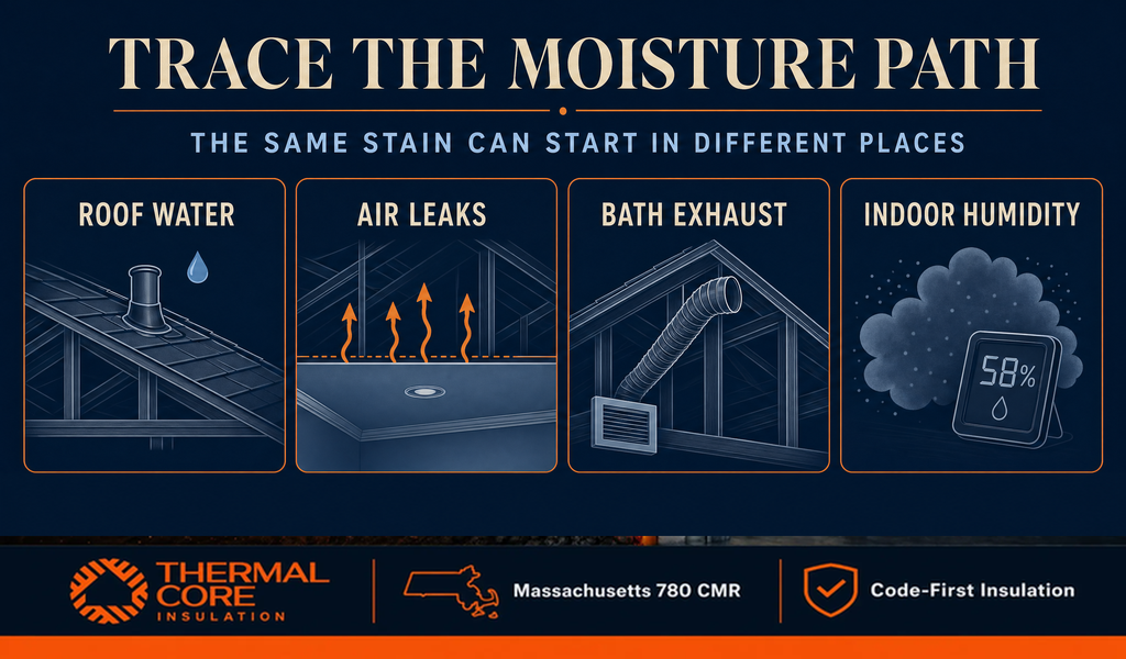 Trace the attic moisture path — roof water, air leaks, bath exhaust, and indoor humidity as sources, ThermalCore Insulation MA