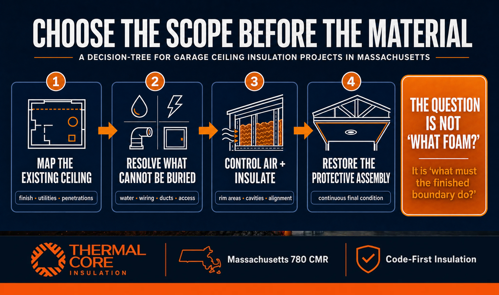 One ceiling, three jobs — protective ceiling, continuous air boundary, insulation in full contact, ThermalCore Insulation Massachusetts