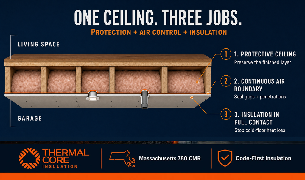 Choose the scope before the material — decision tree for garage ceiling insulation projects in Massachusetts, ThermalCore Insulation