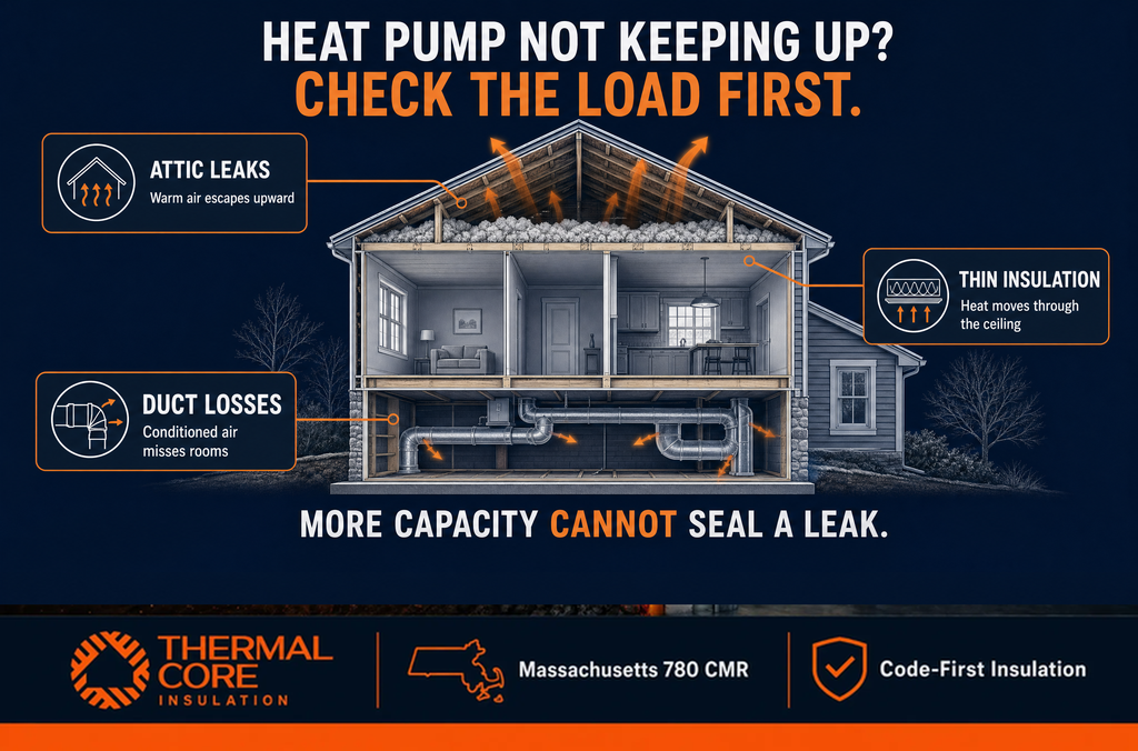 Insulation before Heat pump not keeping up — check attic leaks, thin insulation, and duct losses before adding capacity, ThermalCore Insulation Massachusetts
