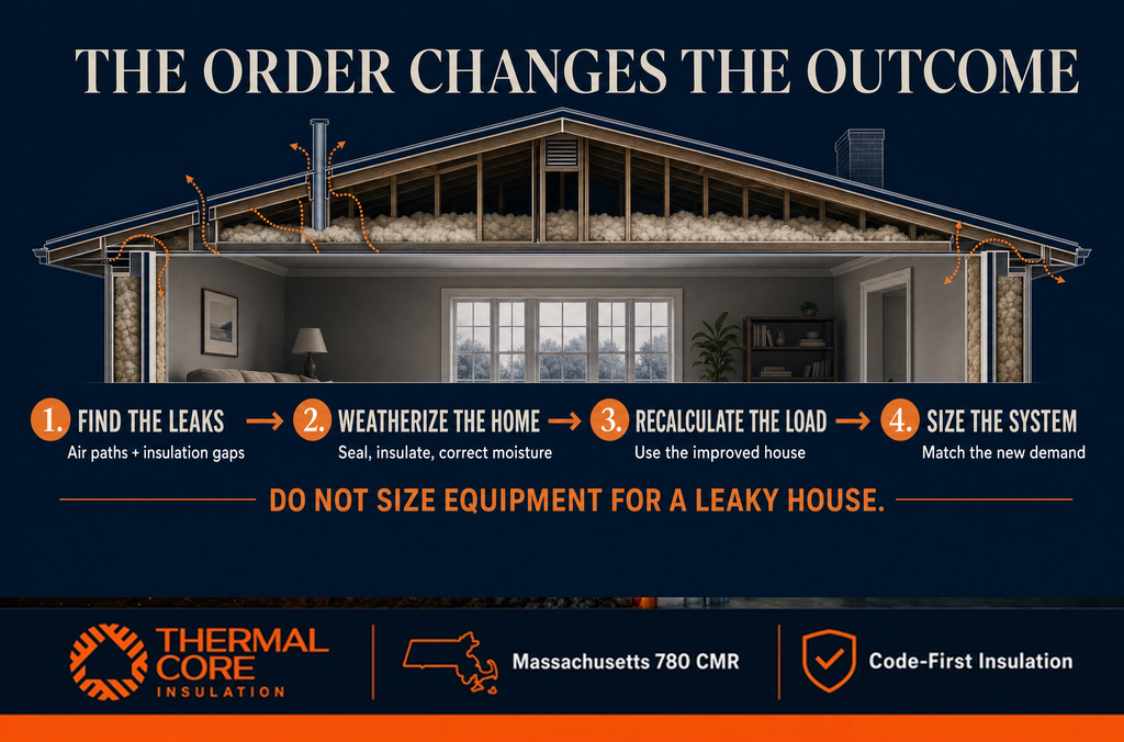 The order changes the outcome — find leaks, weatherize, recalculate load, size the heat pump system, ThermalCore Insulation MA