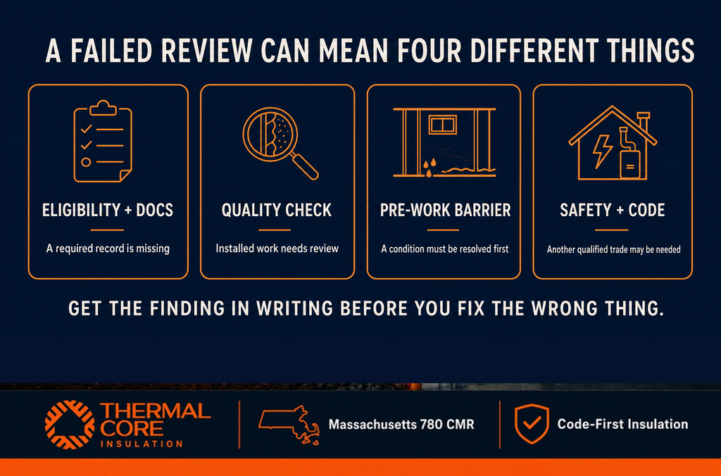 A Mass Save rebate denial review can mean four things — eligibility, quality check, pre-work barrier, safety code, ThermalCore Insulation