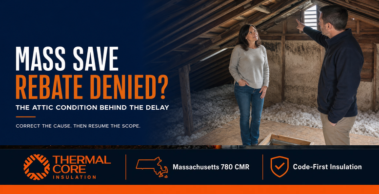 Mass Save rebate denial — the attic condition behind the delay, correct the cause then resume the scope, ThermalCore Insulation Massachusetts