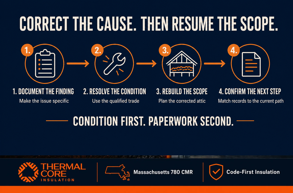 Correct the cause then resume the scope — document, resolve, rebuild, confirm before Mass Save resubmission, ThermalCore Insulation