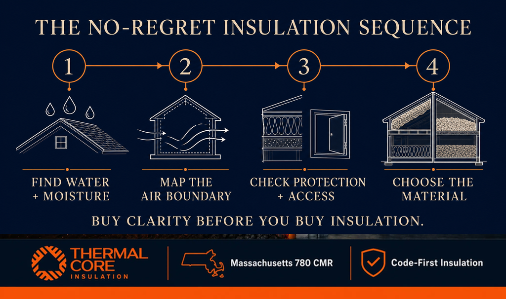 Start with the location — vented attic floor, tight geometry, damp condition determine spray foam or cellulose choice, ThermalCore Insulation