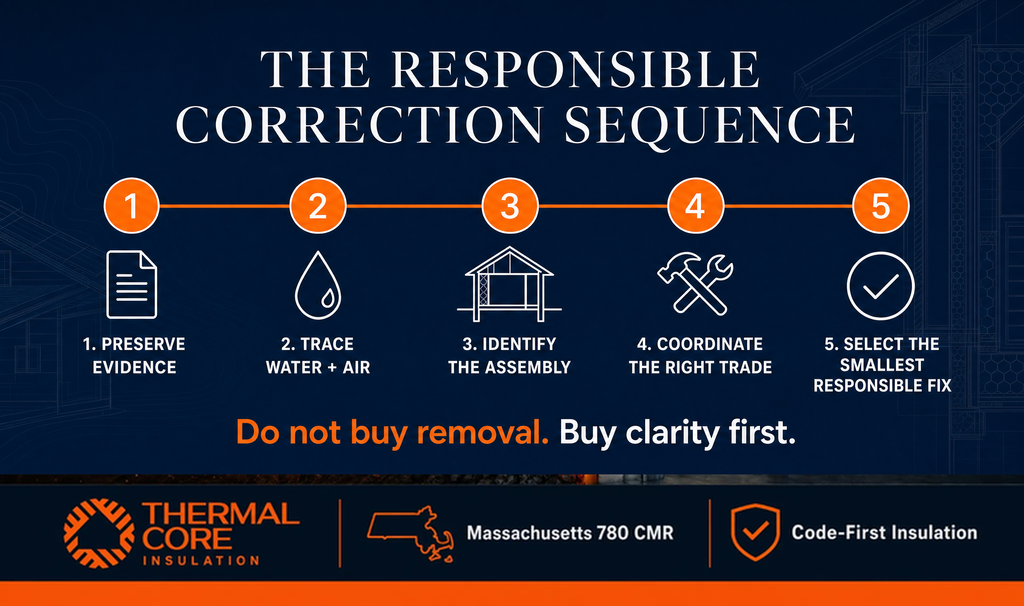 The responsible correction sequence for spray foam problems — preserve evidence, trace water and air, identify assembly, ThermalCore Insulation